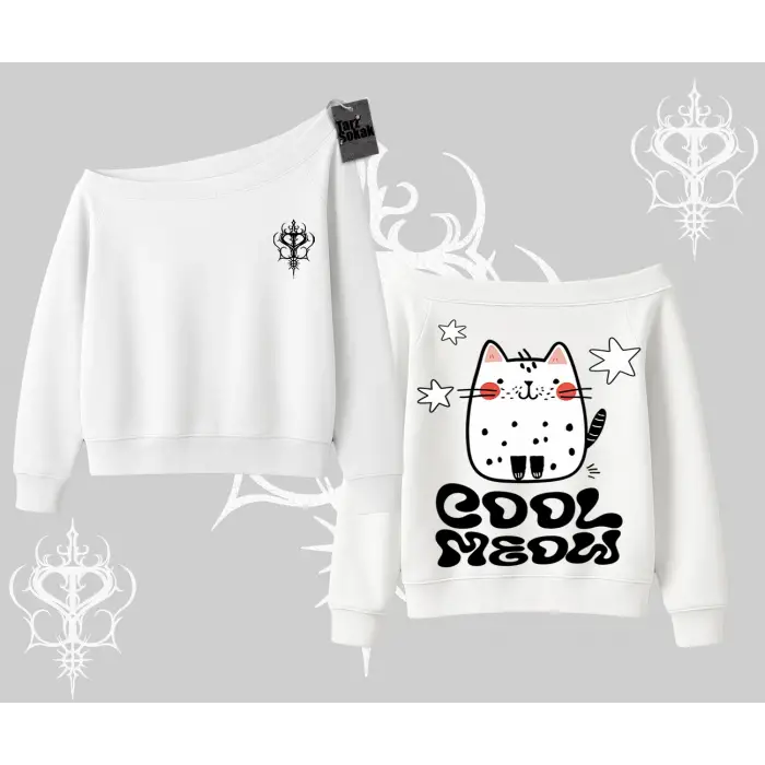 Cool Meow Yazılı Sevimli Kedi Arka Baskılı Kayık Yaka Sweatshirt