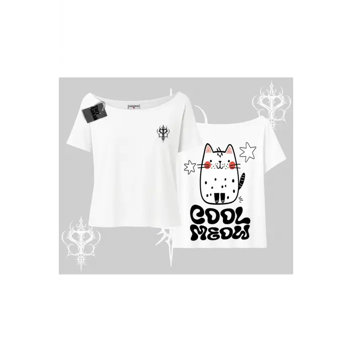 Cool Meow Yazılı Sevimli Kedi Arka Baskılı Kayık Yaka Tshirt