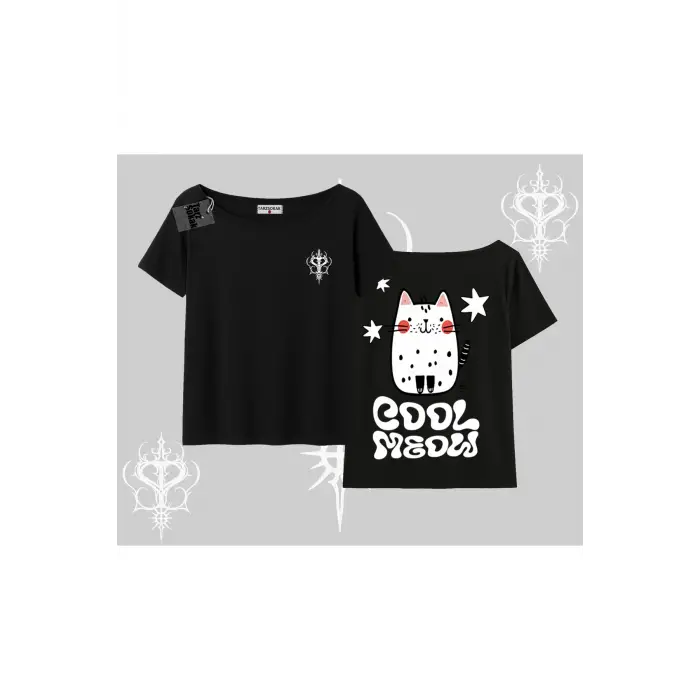 Cool Meow Yazılı Sevimli Kedi Arka Baskılı Kayık Yaka Tshirt