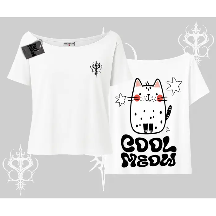 Cool Meow Yazılı Sevimli Kedi Arka Baskılı Kayık Yaka Tshirt
