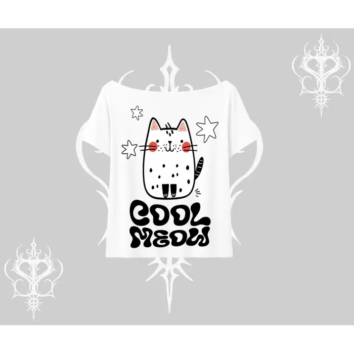 Cool Meow Yazılı Sevimli Kedi Arka Baskılı Kayık Yaka Tshirt