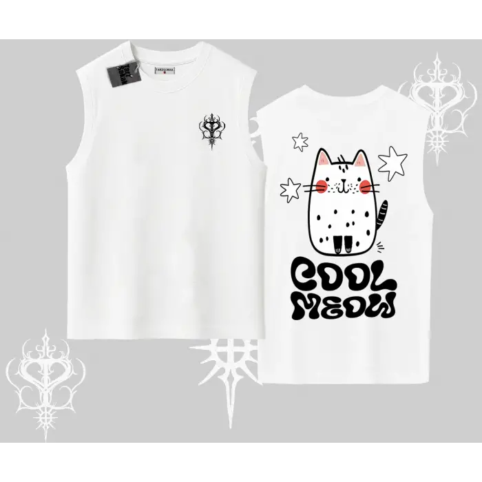 Cool Meow Yazılı Sevimli Kedi Arka Baskılı Kolsuz Tshirt