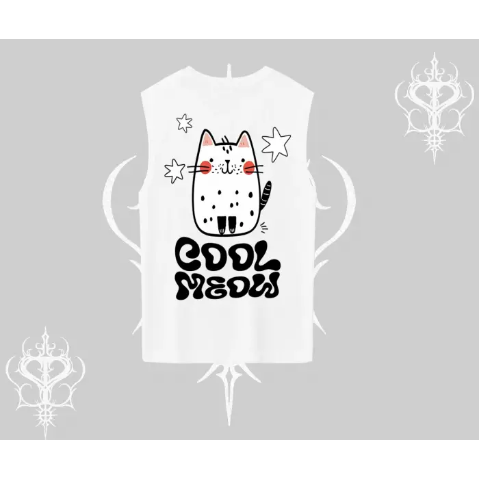 Cool Meow Yazılı Sevimli Kedi Arka Baskılı Kolsuz Tshirt