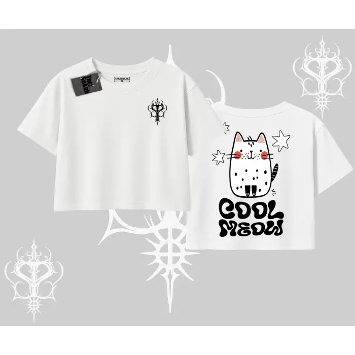 Cool Meow Yazılı Sevimli Kedi Arka Baskılı Oversize Crop Tshirt