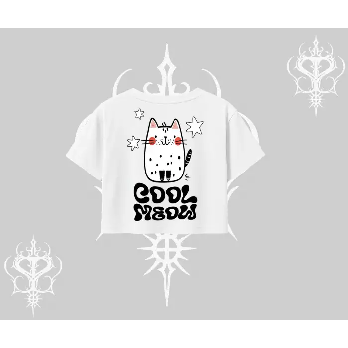 Cool Meow Yazılı Sevimli Kedi Arka Baskılı Oversize Crop Tshirt