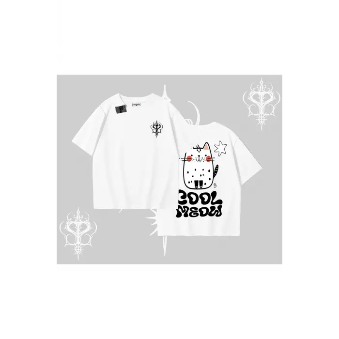 Cool Meow Yazılı Sevimli Kedi Arka Baskılı Oversize Tshirt