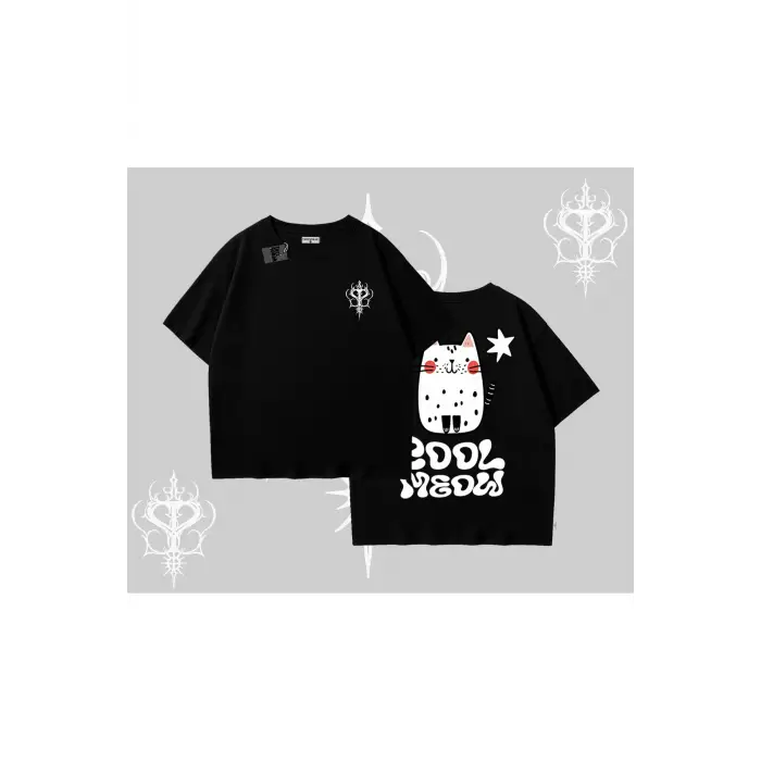 Cool Meow Yazılı Sevimli Kedi Arka Baskılı Oversize Tshirt