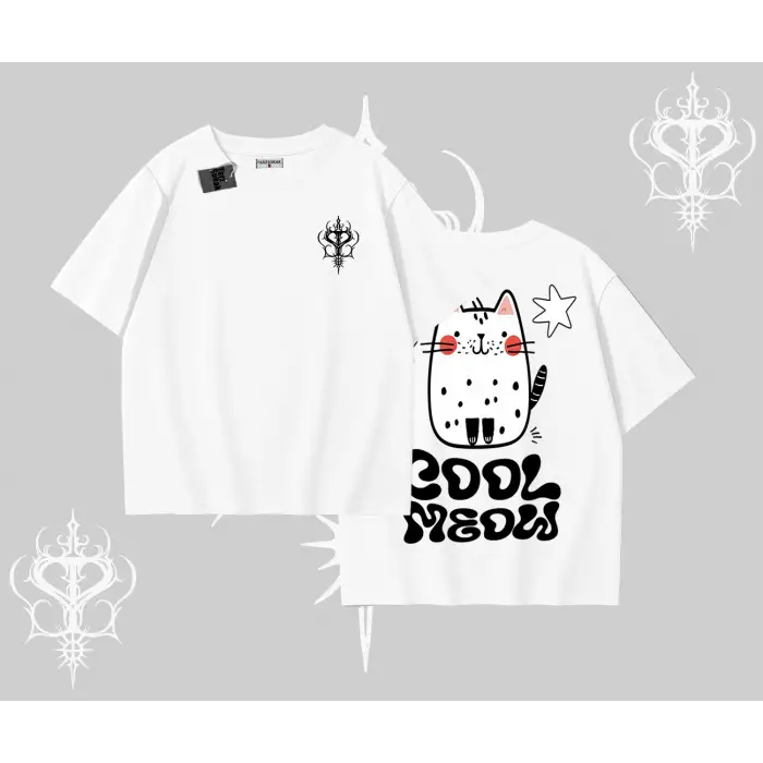 Cool Meow Yazılı Sevimli Kedi Arka Baskılı Oversize Tshirt