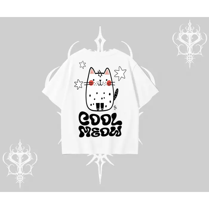 Cool Meow Yazılı Sevimli Kedi Arka Baskılı Oversize Tshirt