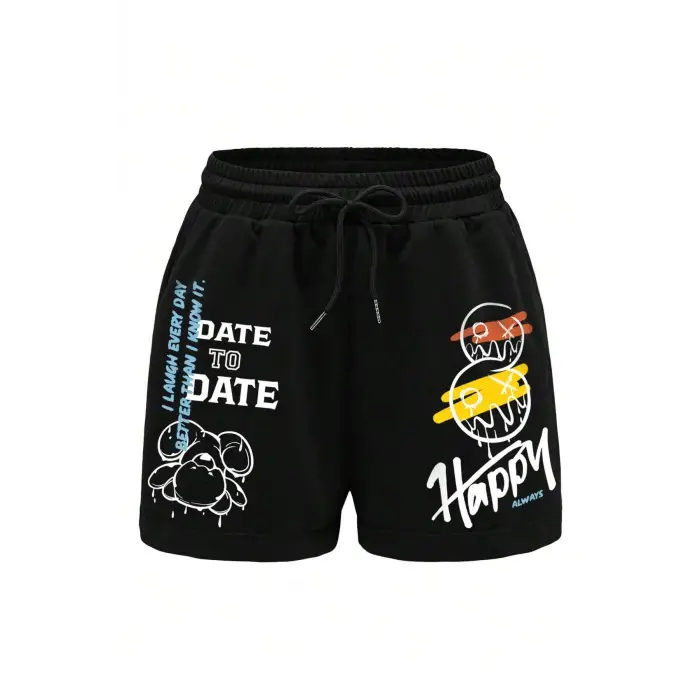 Coolane Cartoon & Slogan Graphic Drawstring Waist Şort