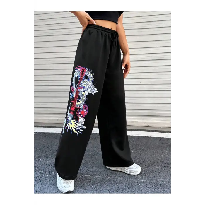 Coolane Dragon & Guitar Print Drawstring Waist 4 Mevsim Eşofman