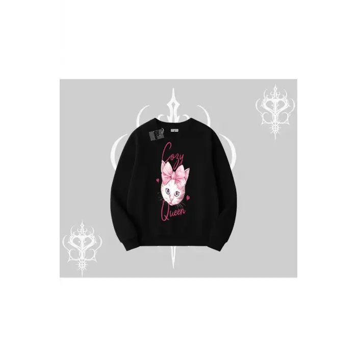 Cozy Queen Kedi Baskılı Biskilet Sweatshirt