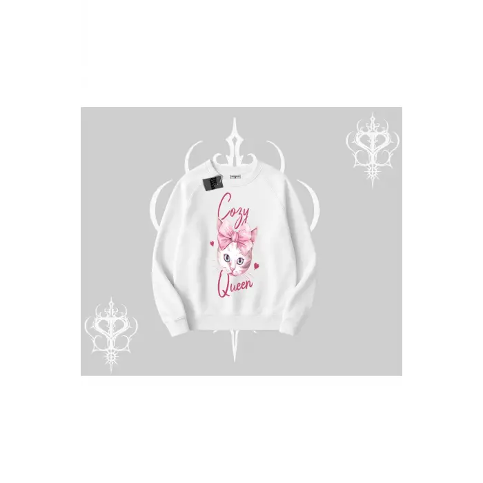 Cozy Queen Kedi Baskılı Biskilet Sweatshirt