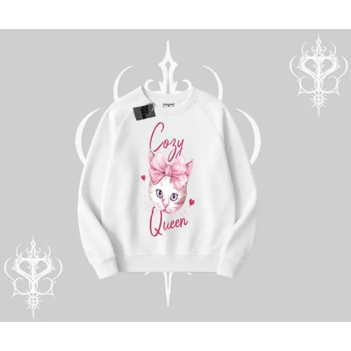 Cozy Queen Kedi Baskılı Biskilet Sweatshirt