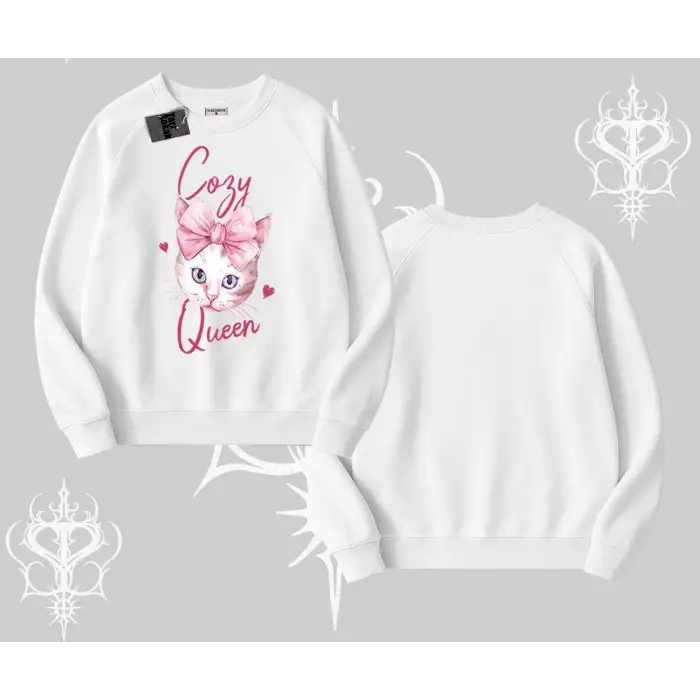 Cozy Queen Kedi Baskılı Biskilet Sweatshirt