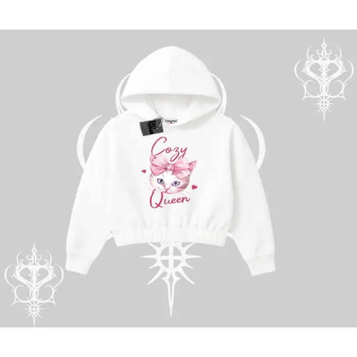 Cozy Queen Kedi Baskılı Kapşonlu Crop Sweatshirt