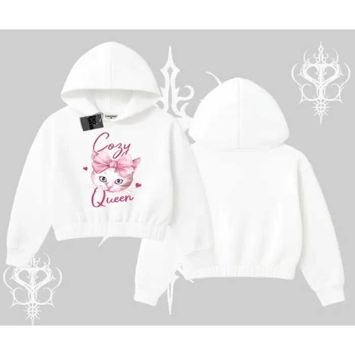 Cozy Queen Kedi Baskılı Kapşonlu Crop Sweatshirt