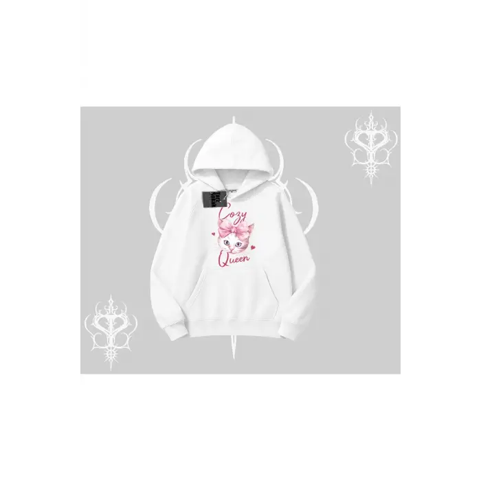 Cozy Queen Kedi Baskılı Kapşonlu Sweatshirt