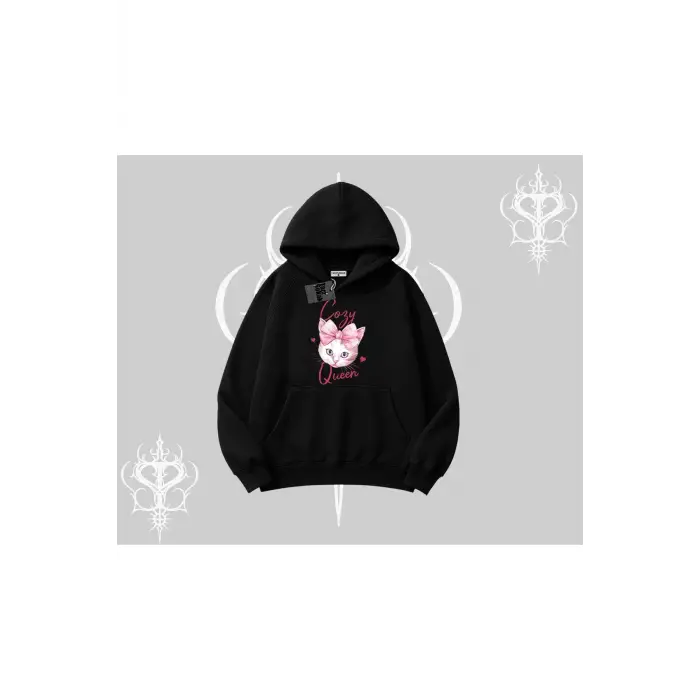 Cozy Queen Kedi Baskılı Kapşonlu Sweatshirt