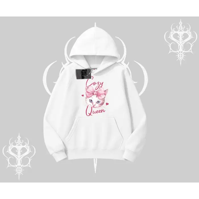 Cozy Queen Kedi Baskılı Kapşonlu Sweatshirt