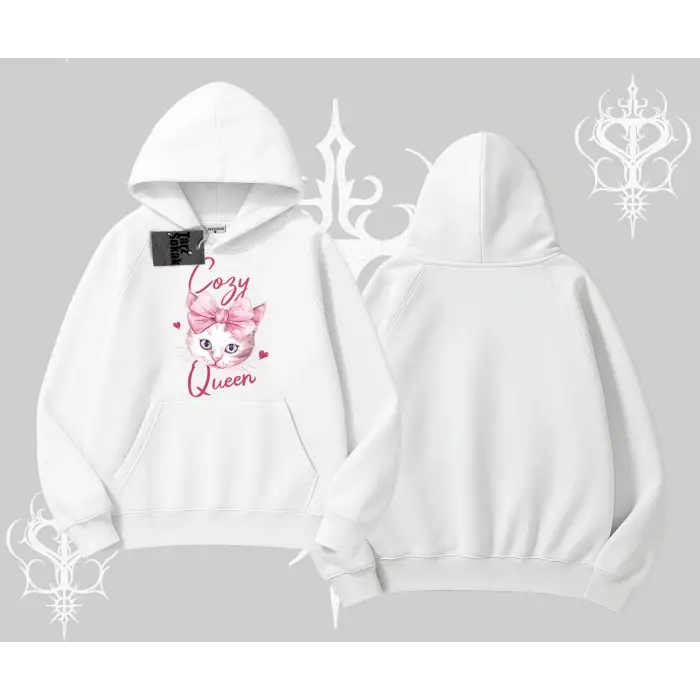 Cozy Queen Kedi Baskılı Kapşonlu Sweatshirt