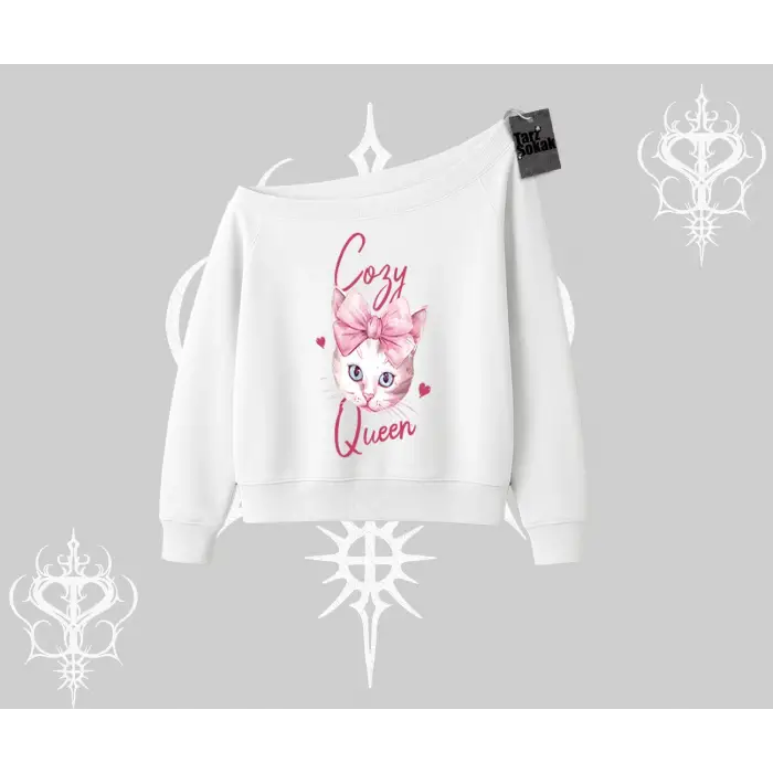 Cozy Queen Kedi Baskılı Kayık Yaka Sweatshirt