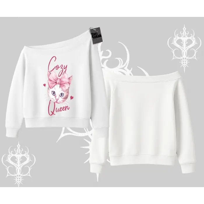 Cozy Queen Kedi Baskılı Kayık Yaka Sweatshirt