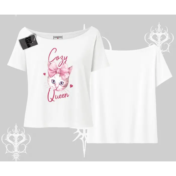 Cozy Queen Kedi Baskılı Kayık Yaka Tshirt