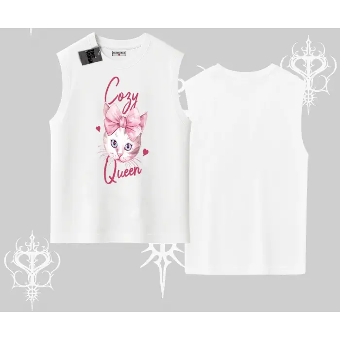 Cozy Queen Kedi Baskılı Kolsuz Tshirt