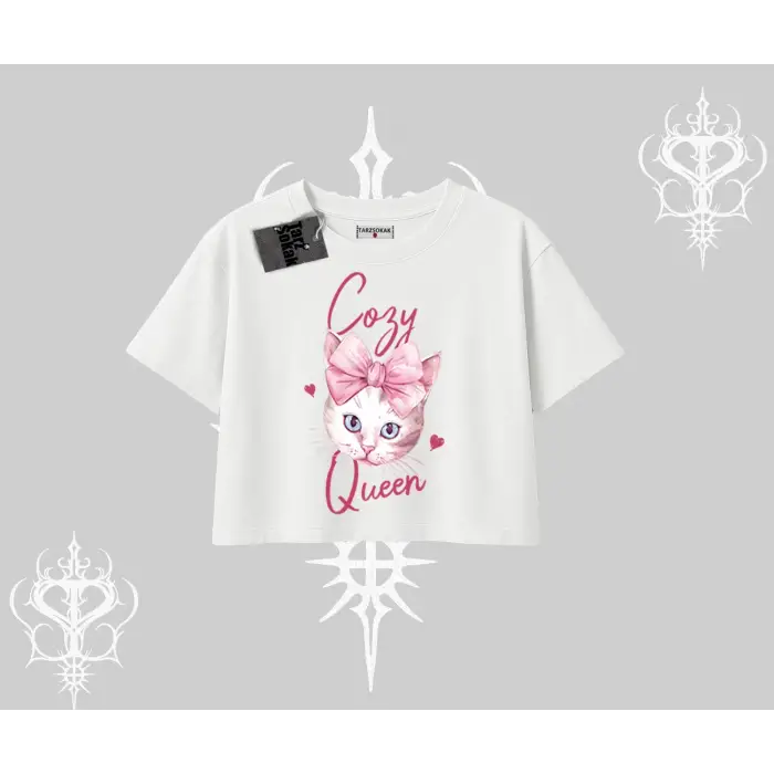 Cozy Queen Kedi Baskılı Oversize Crop Tshirt