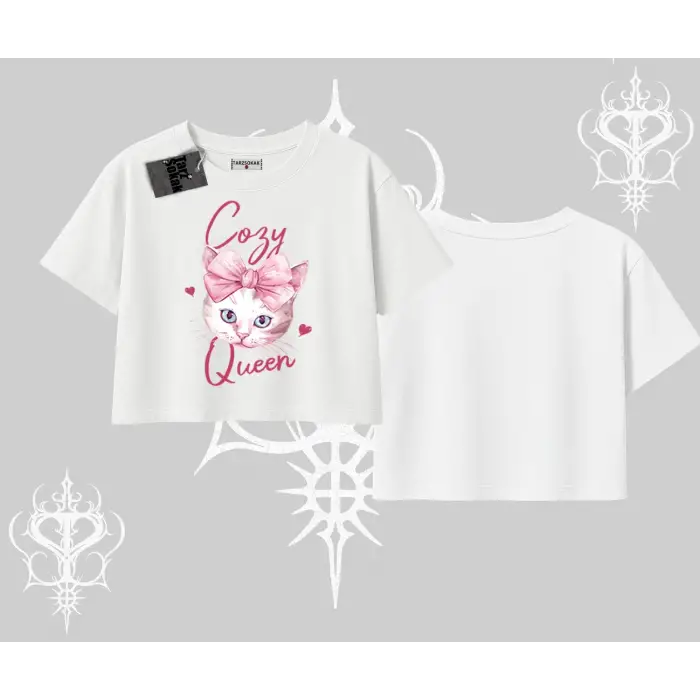 Cozy Queen Kedi Baskılı Oversize Crop Tshirt