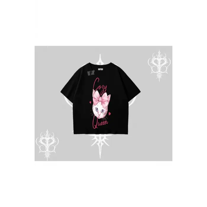 Cozy Queen Kedi Baskılı Oversize Tshirt