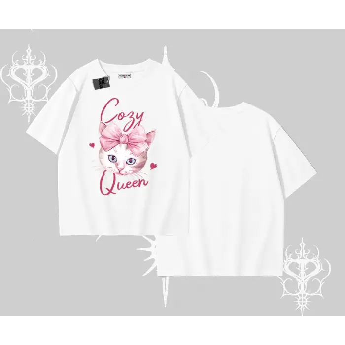 Cozy Queen Kedi Baskılı Oversize Tshirt
