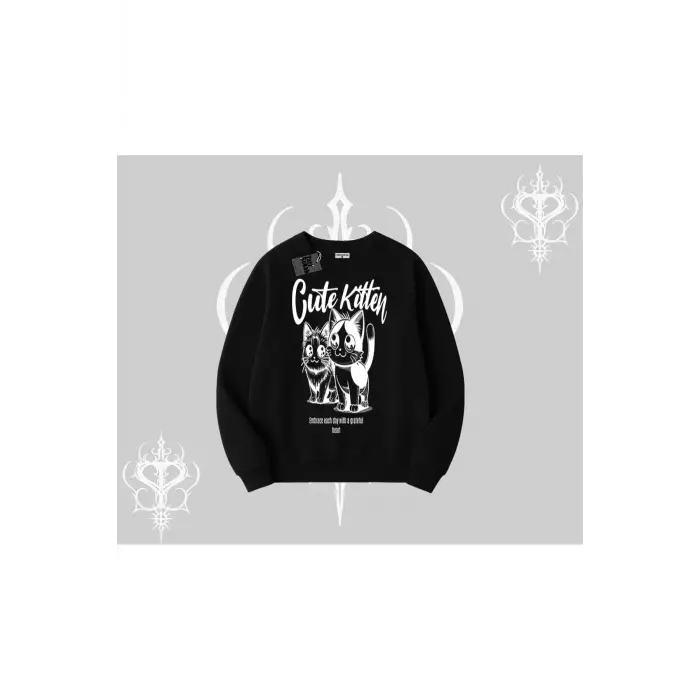 Cute Kitten Yazılı Sevimli Kedi Baskılı Biskilet Sweatshirt