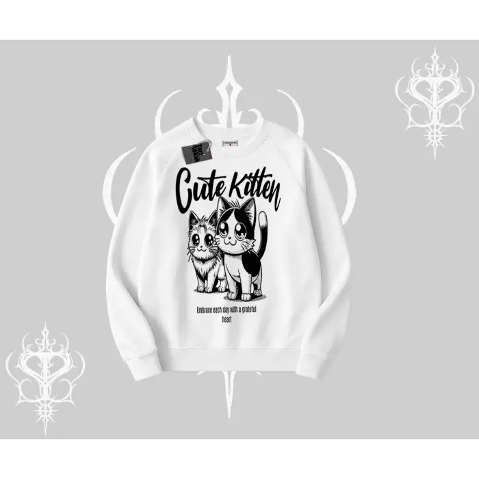 Cute Kitten Yazılı Sevimli Kedi Baskılı Biskilet Sweatshirt