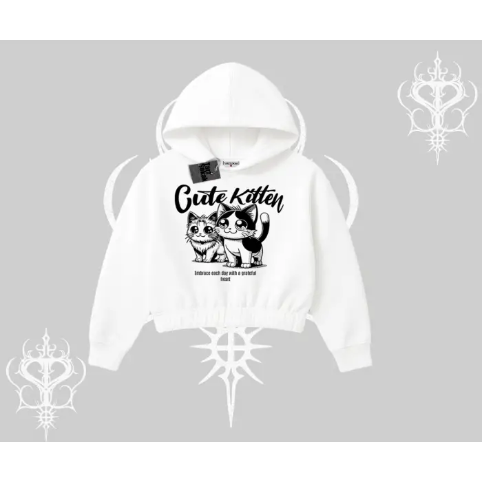 Cute Kitten Yazılı Sevimli Kedi Baskılı Kapşonlu Crop Sweatshirt