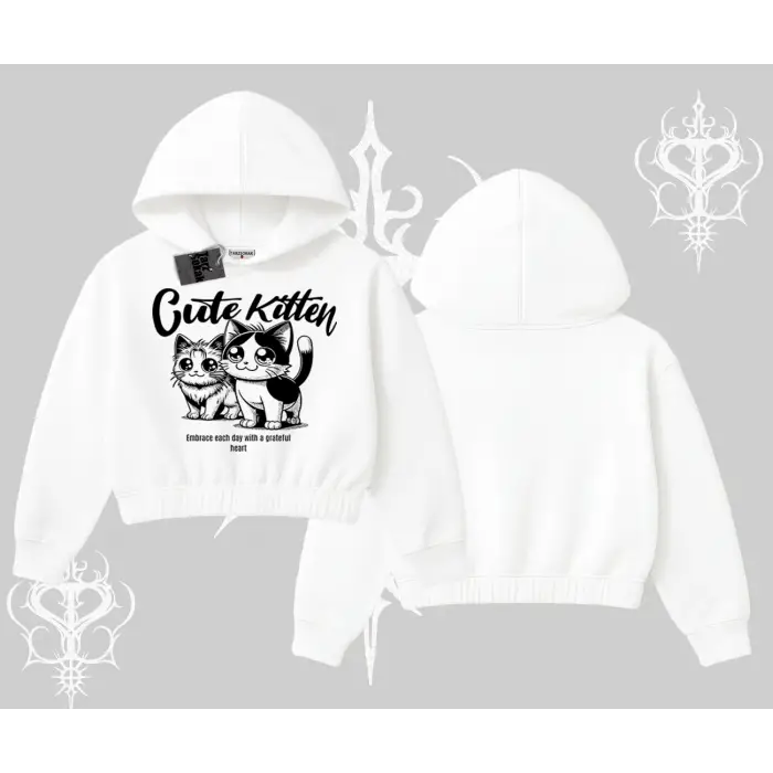 Cute Kitten Yazılı Sevimli Kedi Baskılı Kapşonlu Crop Sweatshirt