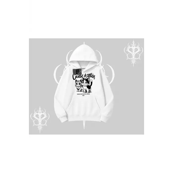 Cute Kitten Yazılı Sevimli Kedi Baskılı Kapşonlu Sweatshirt