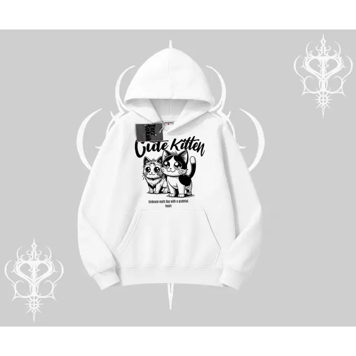 Cute Kitten Yazılı Sevimli Kedi Baskılı Kapşonlu Sweatshirt