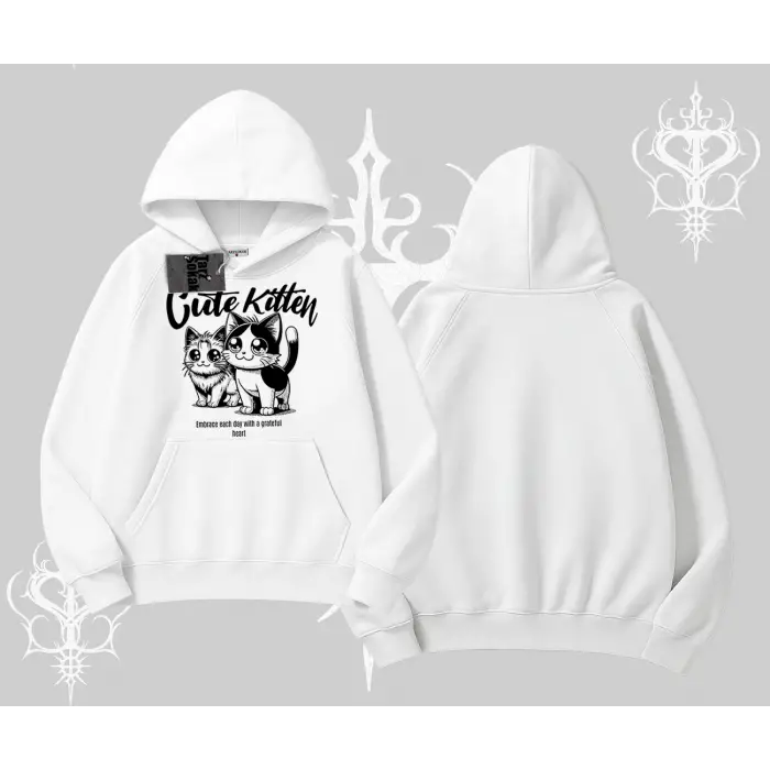 Cute Kitten Yazılı Sevimli Kedi Baskılı Kapşonlu Sweatshirt