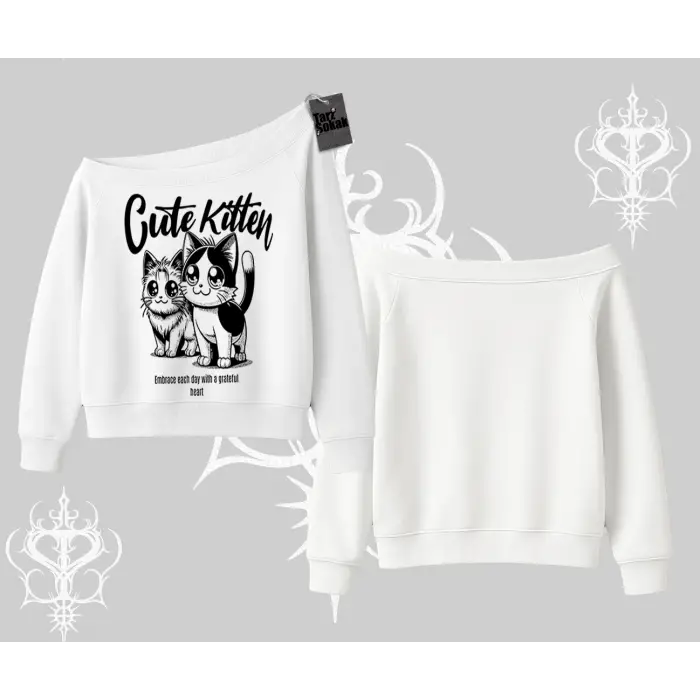 Cute Kitten Yazılı Sevimli Kedi Baskılı Kayık Yaka Sweatshirt