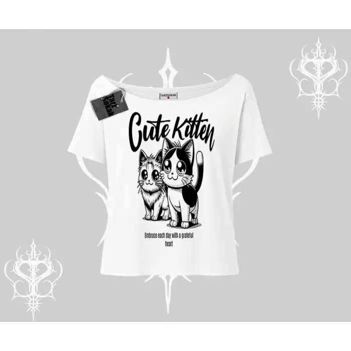 Cute Kitten Yazılı Sevimli Kedi Baskılı Kayık Yaka Tshirt