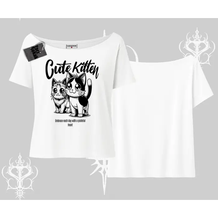 Cute Kitten Yazılı Sevimli Kedi Baskılı Kayık Yaka Tshirt