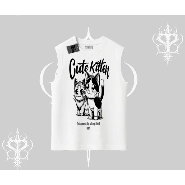 Cute Kitten Yazılı Sevimli Kedi Baskılı Kolsuz Tshirt