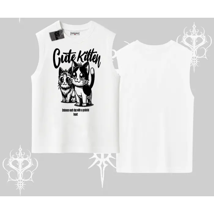 Cute Kitten Yazılı Sevimli Kedi Baskılı Kolsuz Tshirt