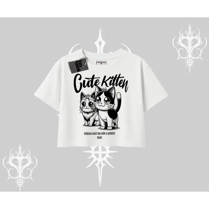 Cute Kitten Yazılı Sevimli Kedi Baskılı Oversize Crop Tshirt