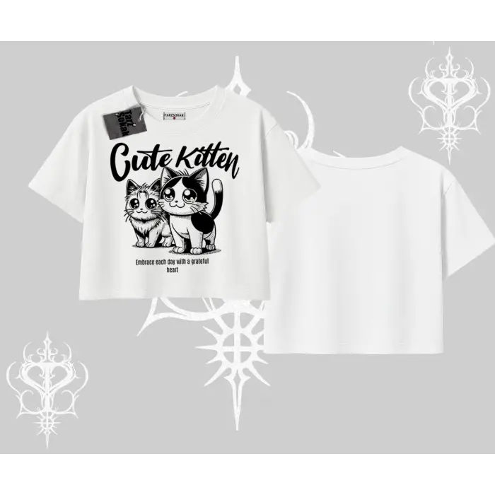 Cute Kitten Yazılı Sevimli Kedi Baskılı Oversize Crop Tshirt