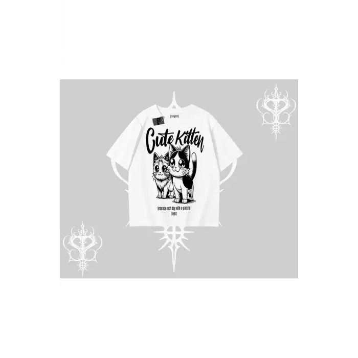 Cute Kitten Yazılı Sevimli Kedi Baskılı Oversize Tshirt