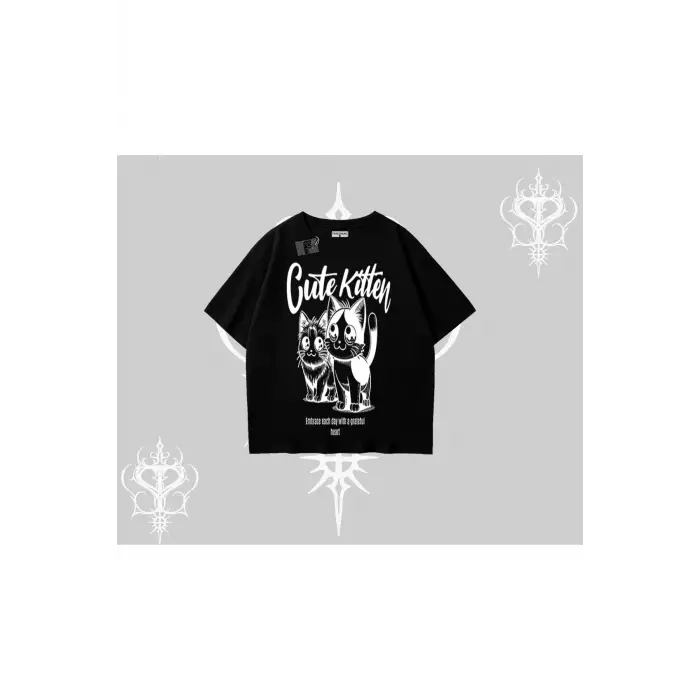 Cute Kitten Yazılı Sevimli Kedi Baskılı Oversize Tshirt