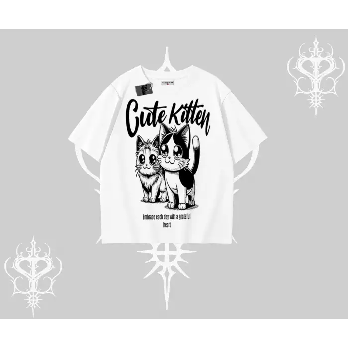 Cute Kitten Yazılı Sevimli Kedi Baskılı Oversize Tshirt
